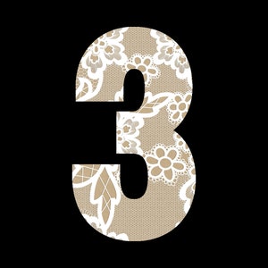 May include: The number three is cut out of a white lace pattern on a brown background.