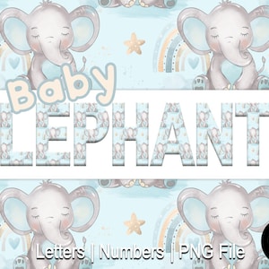 Letras y números de elefantes bebés para baby shower, alfabeto de elefantes bebés, letras imprimibles de elefantes bebés, letras para baby shower, elefante PNG
