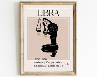 Puede incluir: Un póster imprimible con fondo rosa que presenta una silueta negra de una mujer sosteniendo una balanza. El texto "LIBRA" está en la parte superior del póster. Las fechas "SEP 23 - OCT 22" están debajo de la imagen. El texto "Artistic | Cooperative | Gracious | Diplomatic" está debajo de las fechas. El símbolo del zodíaco de Libra está al final del texto.
