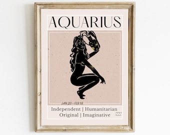 Lámina artística del zodiaco Acuario: Póster de astrología bohemia (descarga digital)