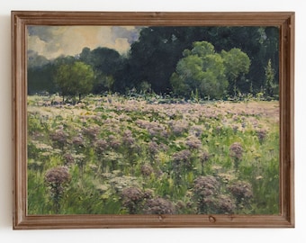 Vintage Meadow Painting, Watercolor Flowers Landscape Print, Spring Field, Purple Flowers, Printable Art, Downloable Prints