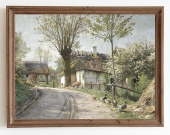 Vintage Country Landscape Painting, Farmhouse Wall Art, Country Lane Prints, Downloadable Art, Printable Art