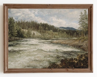Rustic River Landscape Painting, Vintage Mountain Art Print, Forest Trees Print, Nature Decor, Printable Art, Digital Download