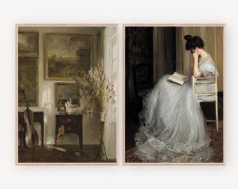 May include: Two framed paintings, one depicting a woman in a white dress reading a book in a dimly lit room, the other showing a room with a cello, a vase of flowers, and a small table with drawers.