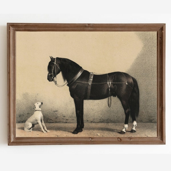 Horse And Dog Painting, Animal Wall Art, Vintage Dog Print, Lithograph Print, Antique Horse Decor, Printable Art, Animal Lover Gift
