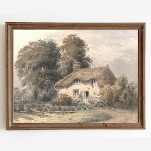 Vintage Cottage Painting, Country Landscape Art Print, Antique Watercolor Art, Printable Art, Digital Download