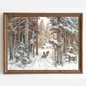 Snow Winter Forest Trees, Vintage Painting, Cabin in the Woods, Winter Landscape Painting, Holiday Art, Christmas Painting, Snow Sled Decor