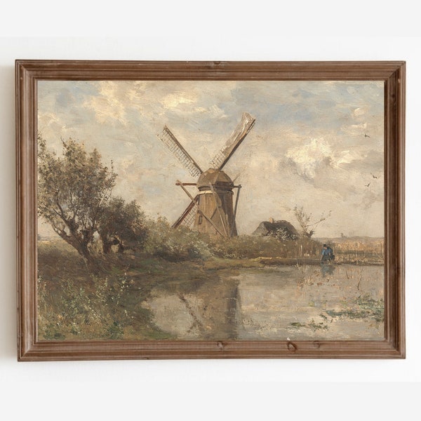 Vintage Windmill Painting, Landscape Art Print, Antique Farmhouse Decor, Printable Wall Art, Downloadable Prints