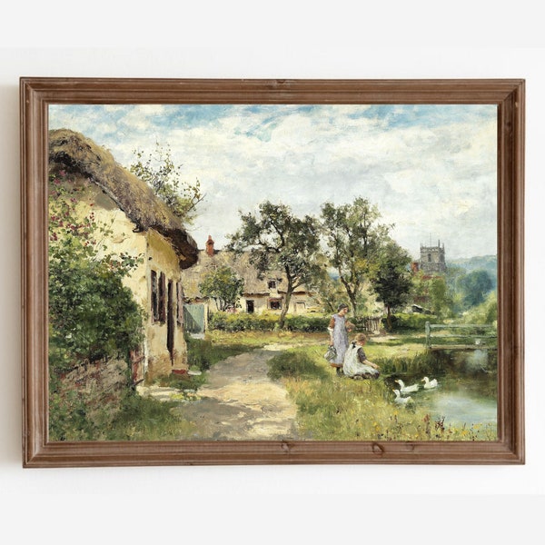 Village Landscape Wall Art, Vintage Landscape Painting, English Country Prints, Printable Art, Downloadable Art