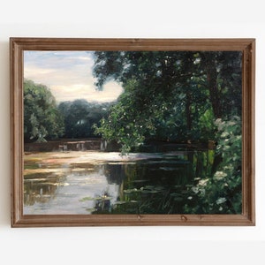 Vintage Pond Landscape Prints, Country Decor, Spring Landscape Painting, Printable Art, Digital Download