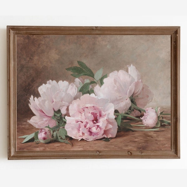 Pink Peonies Painting, Vintage Flower Still Life Painting, Peonies Wall Art, Pink Peony Print, Printable Art, Digital Print