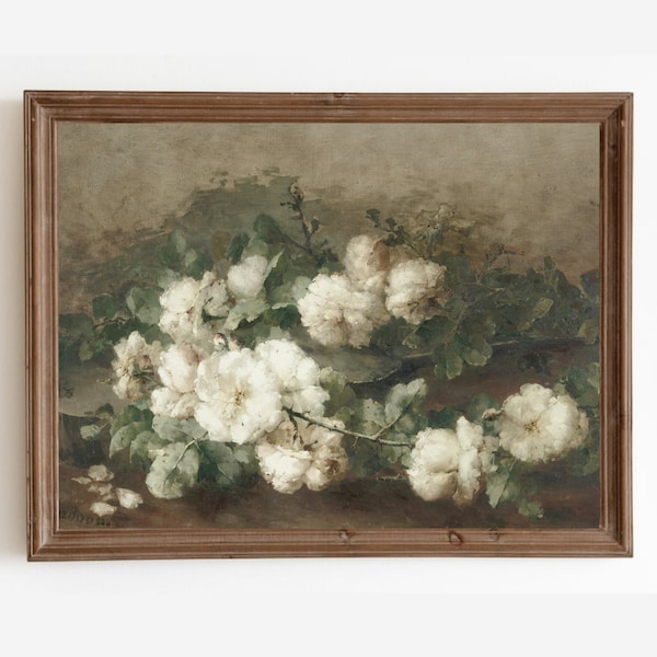 Peinture de nature morte florale, peinture de fleurs vintage, gravure d’art botanique antique, peinture de roses blanches, art imprimable