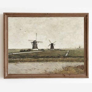Dutch Windmill Print, Vintage Country Landscape Painting, Antique Countryside Painting, Holland Oil Painting, Printable Downloadable Art