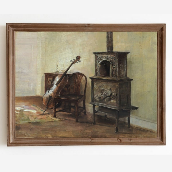 Moody Still Life Painting, Vintage Interior With A Cello, Music Room Decor, Rustic Neutral, Printable Art, Digital Prints