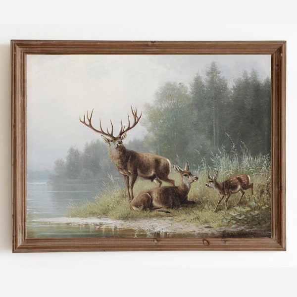 Rustikales RehGemälde, Vintage Landschaftsmalerei, Jagd Hirsch Kunst, Hütten Dekor, druckbare Kunst, digitale Download-Kunst