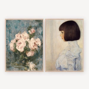 Vintage Neutral Wall Art Set, Woman Portrait Painting, Floral Art Print, Antique Painting, Gallery Wall Set Of 2, Printable Art