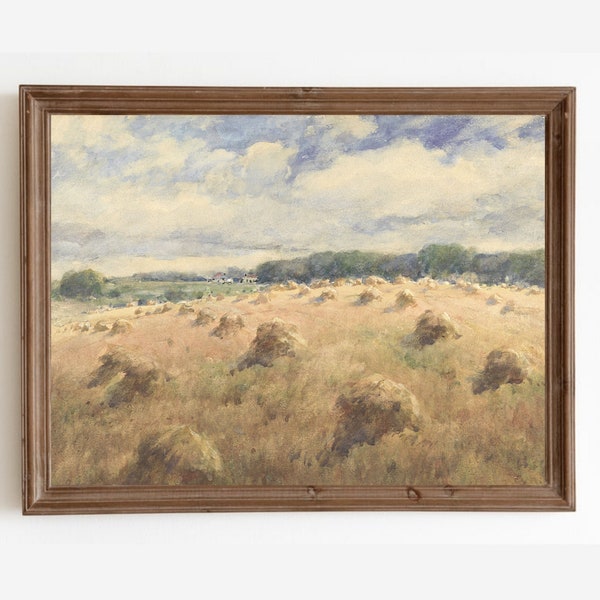 Wheat Field Painting, Vintage Farmhouse Wall Decor, Country Landscape Art Print, Harvest Field, Printable Art, Digital Prints
