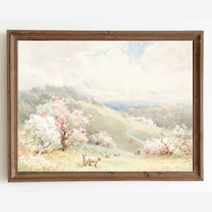 Vintage Antique Landscape Painting, Spring Art Printable, Cottage Decor, Vintage Farmhouse, Spring Landscape Print, Printable Art