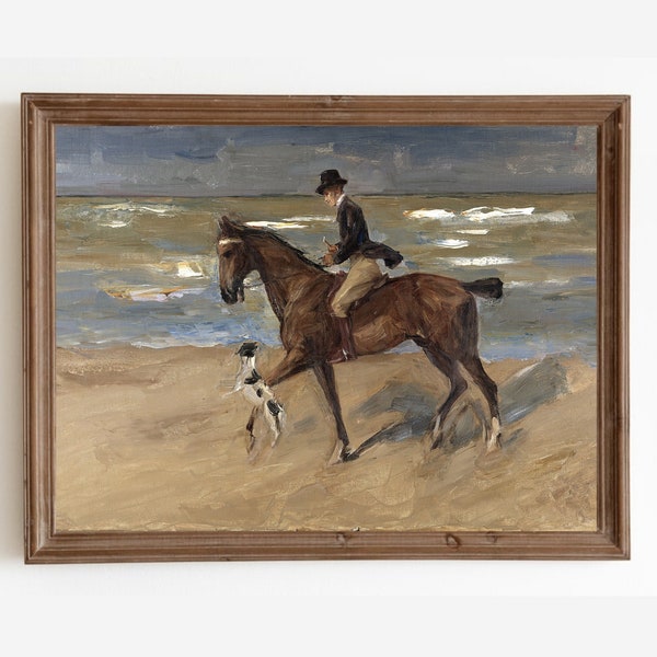 Vintage Horse And Dog Print, Equestrian Horse Painting, Coastal Seascape Print, Antique Farmhouse Decor, Printable Art