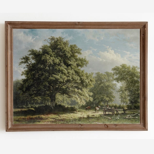 Vintage Landscape Oil Painting, Country Art Prints, Oak Tree Art Painting, Farmhouse Decor, Printable Wall Art, Digital Print