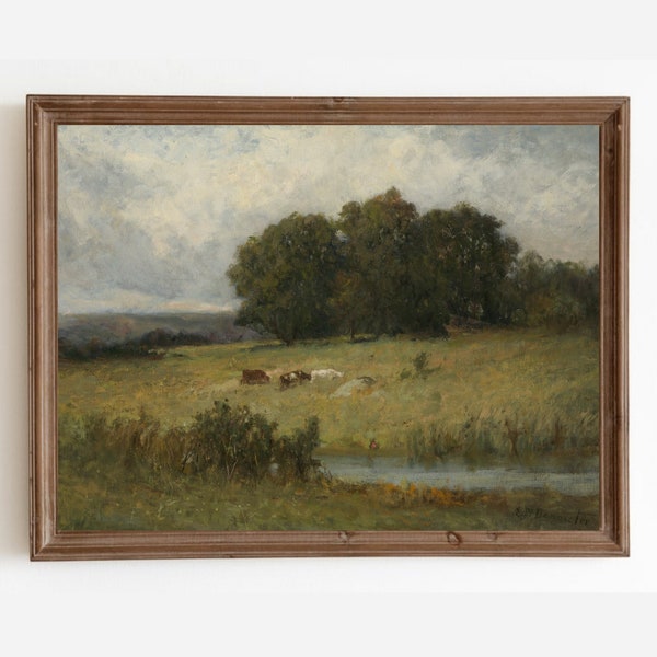 Country Landscape Print, Vintage Oil Painting, Meadow Painting, Farmhouse Decor, Antique Wall Art, Landscape Painting, Printable Wall Art