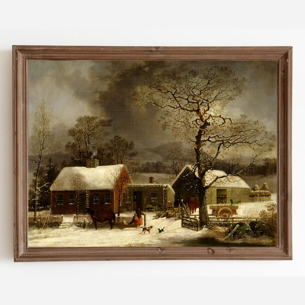 Vintage Winter Farm Painting, Moody Farm Print, Snowy Landscape Art Print, Winter Printable Art, Holiday Art Print, Antique Farmhouse Decor