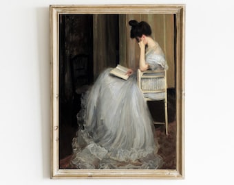 Woman Reading Portrait, Vintage Art Painting, Antique Oil Painting, Bedroom Wall Decor, Woman Reading Print, Moody Artwork, Printable Art