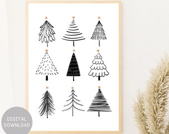 Könnte beinhalten: Ein gerahmter Druck mit neun stilisierten schwarz-weißen Weihnachtsbaum-Illustrationen, jede mit einem goldenen Stern. Die Bäume variieren im Design, von einfachen Linien bis zu detaillierteren Mustern. Die Worte "DIGITALER DOWNLOAD" sind in einem grauen Kreis unten links.