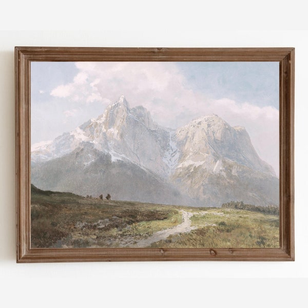 Vintage Mountain Landscape Painting, Rustic Art Print, Muted Wall Art, Digital Printable Art Download