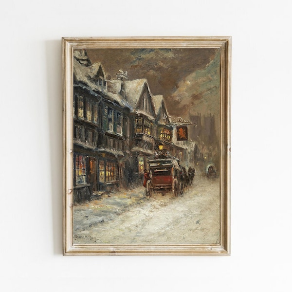 Winter Village Painting, Vintage Snow Landscape Wall Art Print, Christmas Carriage, Holiday Decor, Printable Art