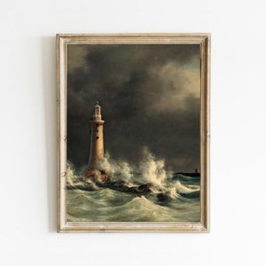 Vintage Seascape Painting, Lighthouse Print, Moody Ocean Art Print, Stormy Sea, Nautical Decor, Printable Art, Digital Print