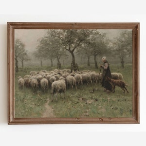 Vintage Sheep Painting, Country Landscape Painting,  Farmhouse Wall Decor, Farm Animal Print, Printable Art