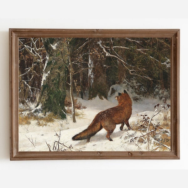 Fox Wall Art, Vintage Painting, Snow Winter Forest Print, Vintage Animal Print, Nature Tree Art Print, Printable Wall Art, Winter Wall Decor