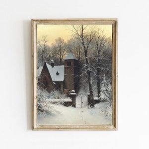 Snowy Church Print, Vintage Winter Landscape Painting, Snow Covered Church, Printable Art, Trees Print, Winter Church Art, Digital Download