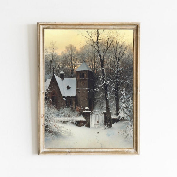 Vintage Snowy Church Print: Winter Landscape Painting (Digital Download)