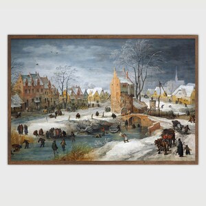 Vintage winterdorp schaatsen print: antieke vakantiekunst (digitale download)