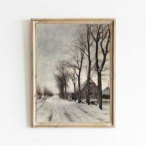 Vintage Winter Landscape Painting, Farmhouse Wall Decor, Winter Snow Print, Antique Art, Downloadable Art, Moody Winter Print, Printable Art