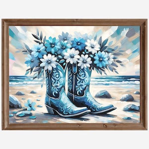 Coastal Cowgirl Boots Art Print: Blue Western Decor (Digital Download)