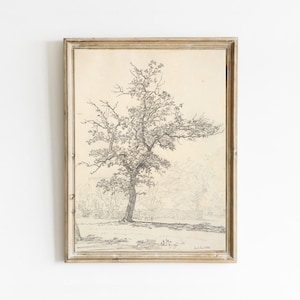 Vintage Tree Sketch, Neutral Tree Drawing, Vintage Art Print, Landscape Scenery Print, Vintage Oil Painting, Printable Art, Pencil Drawing
