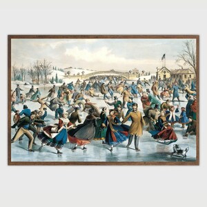 May include: A vintage illustration depicting a winter scene with people ice skating on a frozen lake. The scene is set in a park with trees and a bridge in the background. The people are dressed in colorful clothing and are enjoying the winter weather.