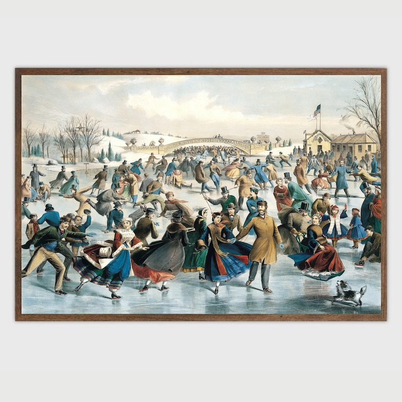 May include: A vintage illustration depicting a winter scene with people ice skating on a frozen lake. The scene is set in a park with trees and a bridge in the background. The people are dressed in colorful clothing and are enjoying the winter weather.