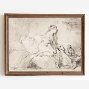 Woman and Dog Sketch Drawing, Vintage Antique Painting, Woman Portrait Downloadable Art Print, Neutral Wall Decor, Printable Wall Art