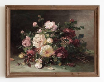 Dipinto di natura morta con rose vintage: arte murale floreale e malinconica (download digitale)
