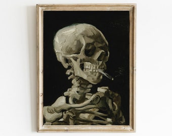 Van Gogh Skull with Burning Cigarette Painting, Dark Moody Art Print Digital Download