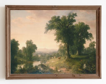 Vintage Cow Landscape Painting: Country Farmhouse Art Print (Digital Download)