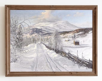 Winter Snow Landscape Print, Vintage Cottage Country Decor, Forest Painting, Digital Printable Art