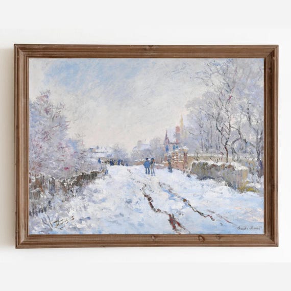 Vintage Winter Landscape Painting: Snowy Christmas Scene Digital Download