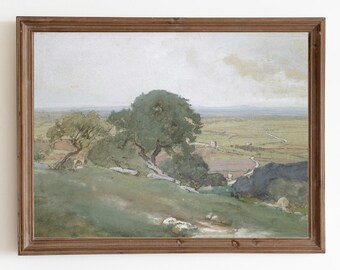 Vintage Country Landscape Painting: Farmhouse Wall Art (Digital Download)