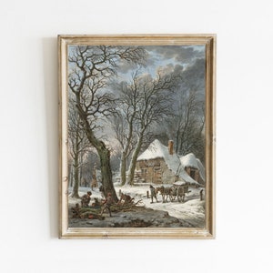 Vintage winterlandschapskunstdruk: besneeuwd boerderijdecor (digitale download)