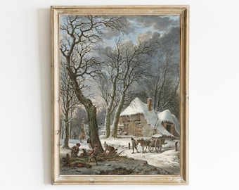 Vintage winterlandschapskunstdruk: besneeuwd boerderijdecor (digitale download)